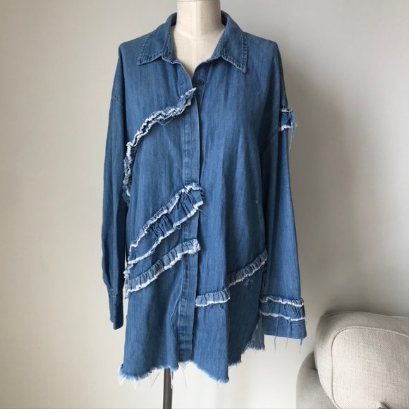 Zara Tops - Zara Ruffle Chambray Button Down Long Sleeve Top